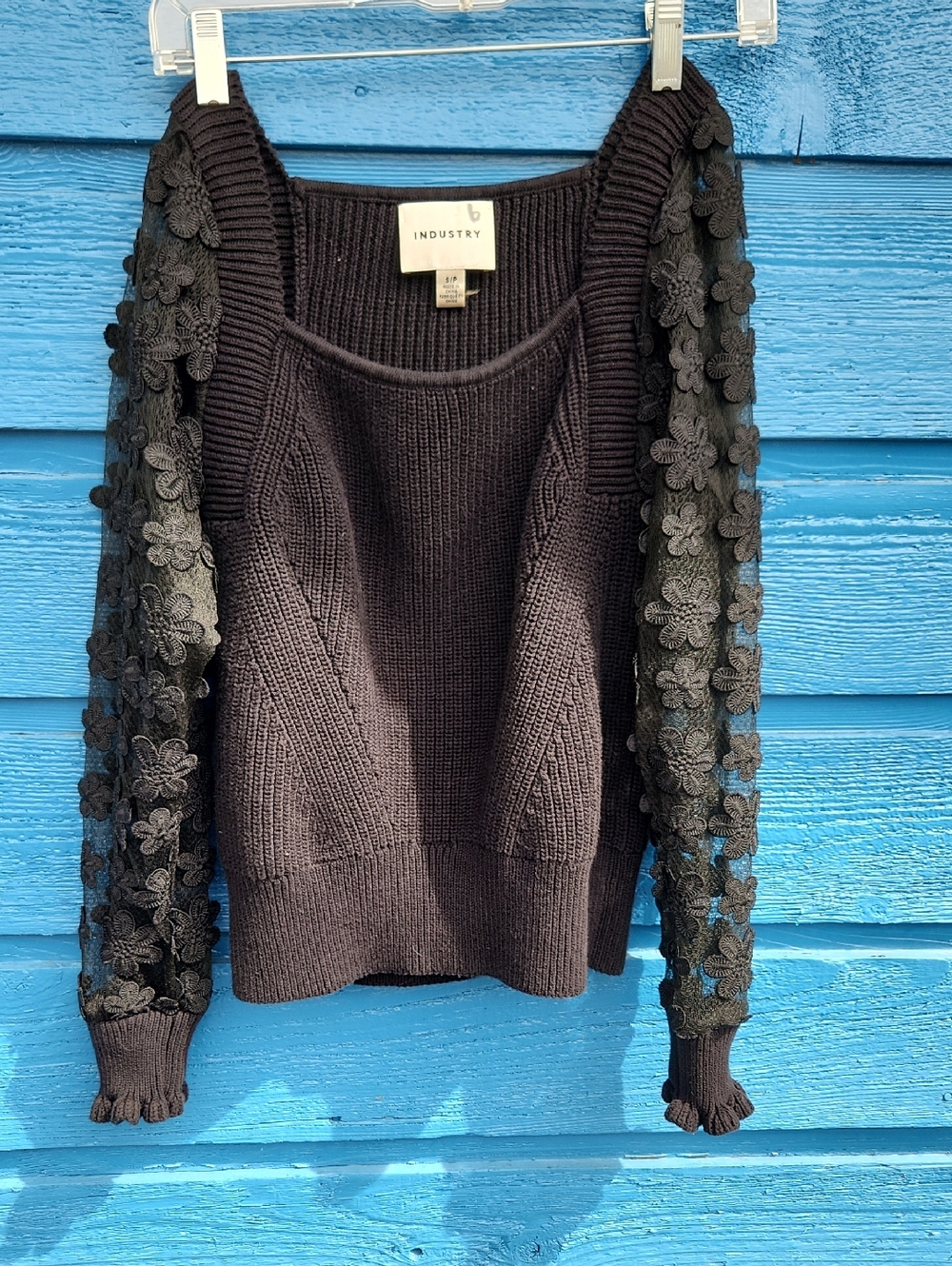 INDUSTRY Black Crewneck Sweater with Floral-Appliqué Sleeves
